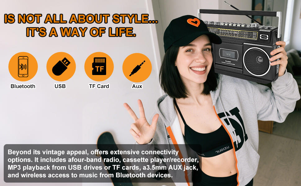 Retro-style boombox with feature icons showing Bluetooth, USB, TF Card, and Aux connectivity options. Text describes multimedia playback capabilities.