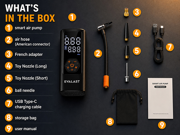 EVALAST tire inflator kit with hose, adapters, nozzles, ball needle, USB-C cable, bag and manual.