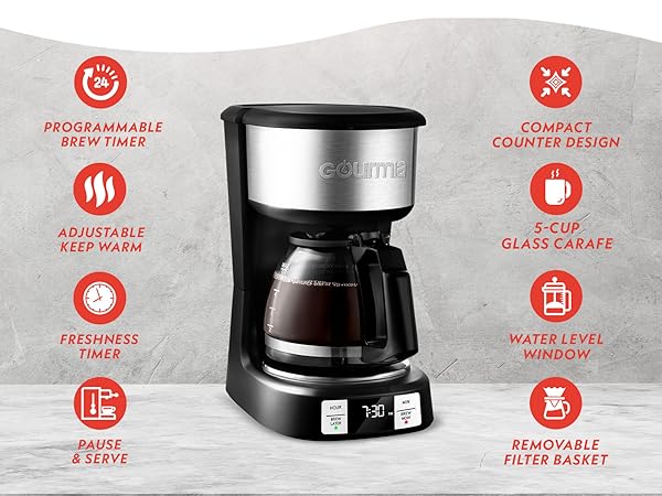 brew later adjustable keep warm freshness ti pause and serve water level removable filter 5 cup