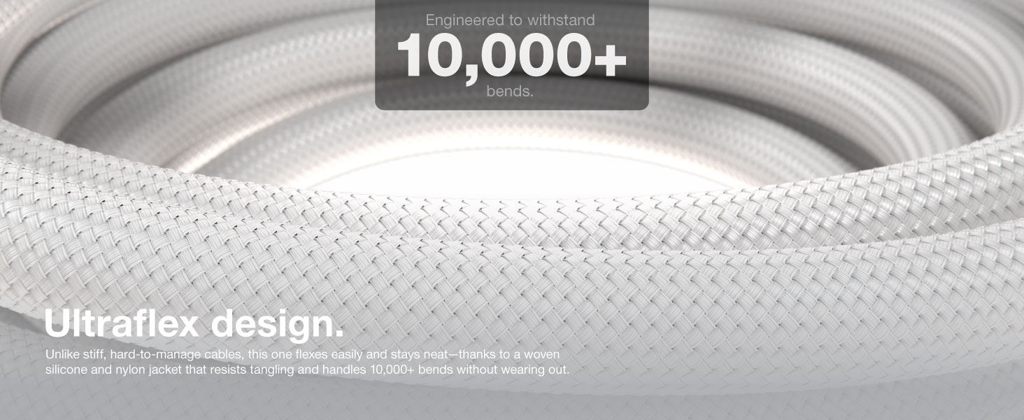 Braided and silicone USB C cable tested for 10,000 bends with flexible, rugged design