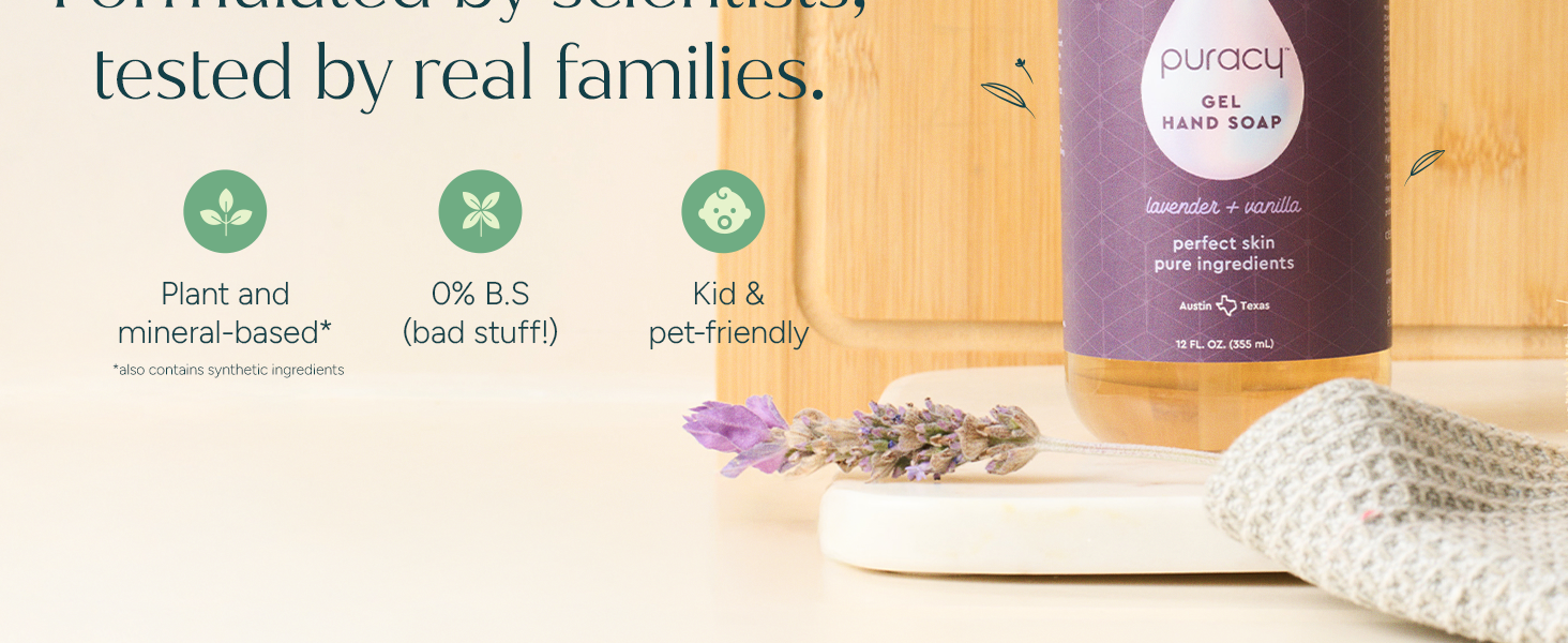 Lavender and Vanilla soap bottle; plant-based, kid-friendly, and developed by scientists.