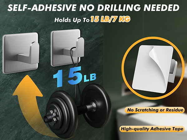 Heavy-duty hook holds up to 15 lbs, no drilling, no scratching or residue with strong adhesive tape