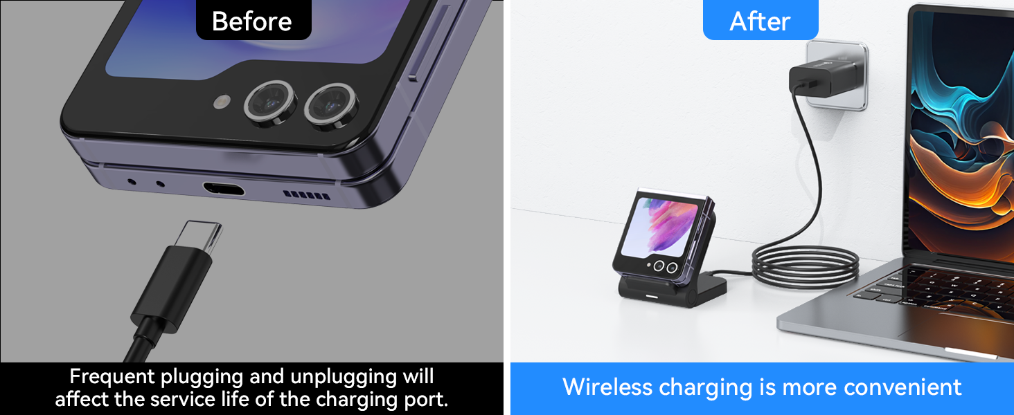 Comparison of wired and wireless phone charging. Left: Plugged-in cable with warning about port wear. Right: Wireless charger with phone, laptop, and convenience message.