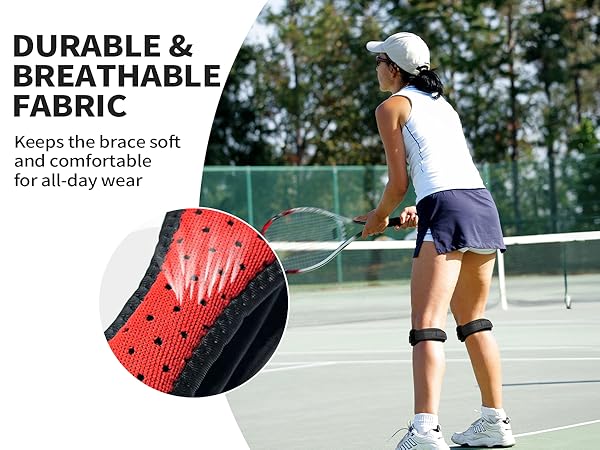 Text reads 'DURABLE &amp; BREATHABLE FABRIC' 'Keeps the brace soft and comfortable for all-day wear'. Athletic setting showing tennis court with circular fabric detail showing red material with black pattern.