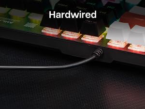 Text reads 'Hardwired'. Close-up of network cables plugged into red illuminated ethernet ports.