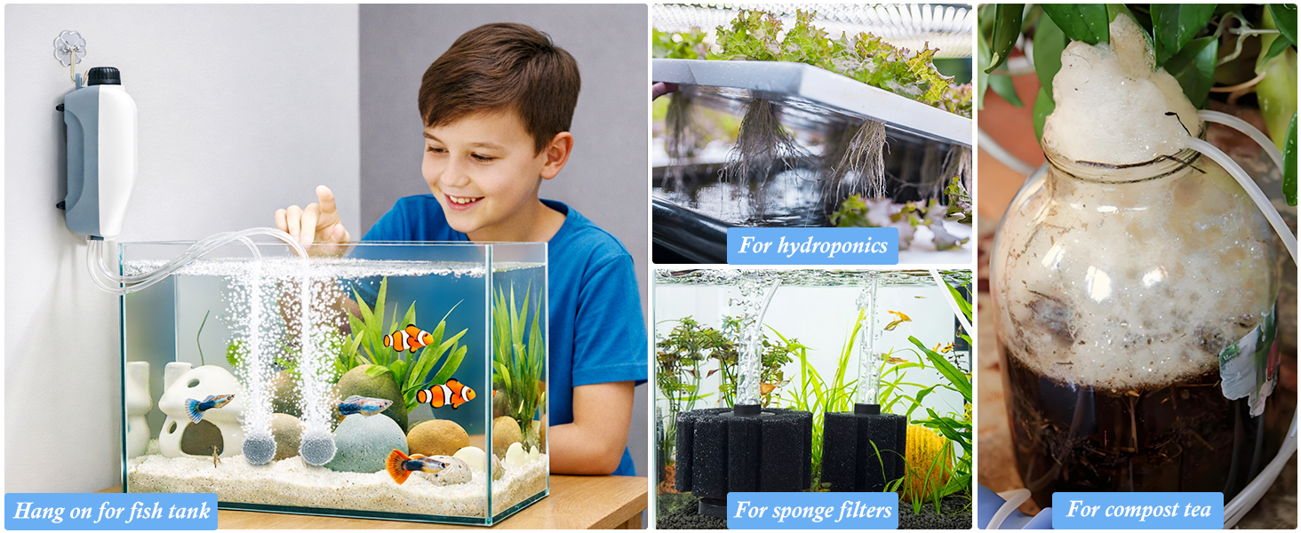 Applications of air pumps: aquarium oxygenation, hydroponics, composting tea.