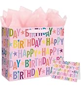 Yusenguan 13" Pink Happy Birthday Gift Bag, Colorful Lettering Design with Card, Tissue Paper and...