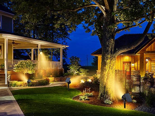 a lit up porch with a tree in the background