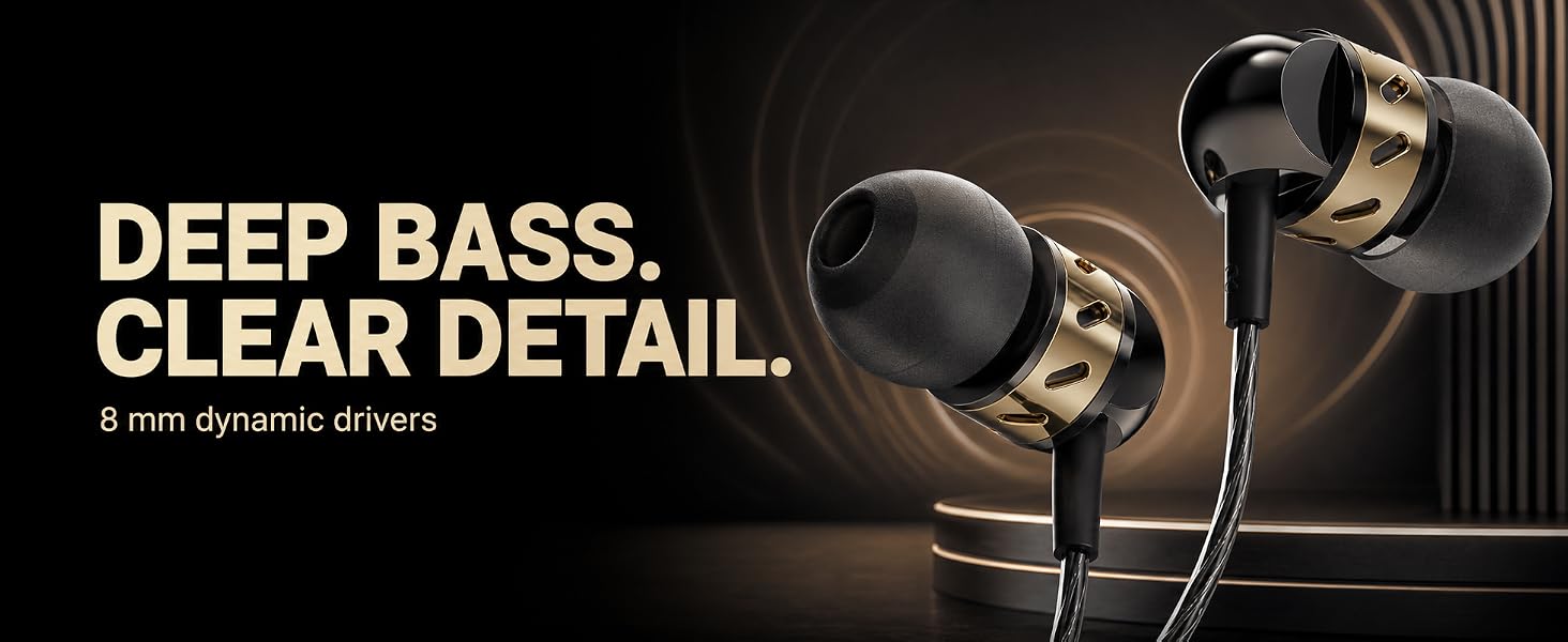 Betron AX5 black and gold wired earbuds highlighting deep bass and clear detail