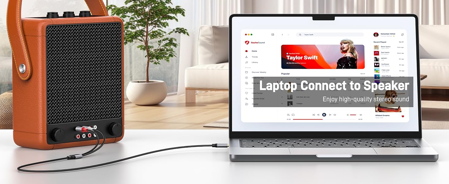 Orange speaker connected to laptop displaying website interface. Setup shows wireless audio connectivity demonstration.