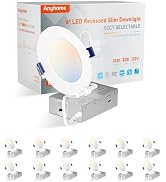 Anyhome 12 Pack 4 Inch LED Recessed Lighting, 5CCT Selectable 2700K-5000K, 10W 800LM, Dimmable Ca...