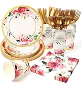 PCLMLES 168pcs Floral Paper Plates, Flower Paper Plates, Cups, Napkins, Knives, Forks and Spoons ...