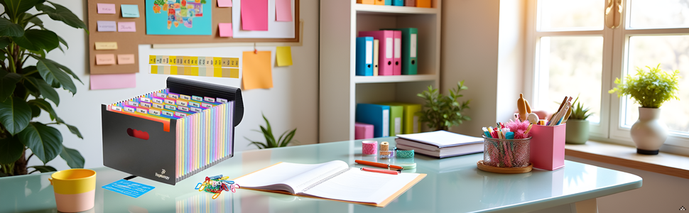A modern office desk with the product neatly placed on it, surrounded by various office supplies.