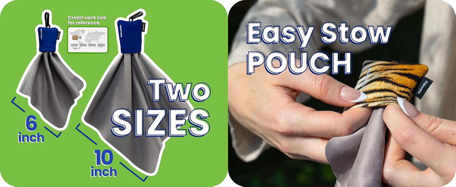 One side shows 2 sizes of spudz the other side shows a woman stuffing the cloth back in pouch