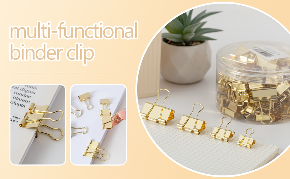 100-piece gold binder clips set: multi-size, durable for organizing and decorating