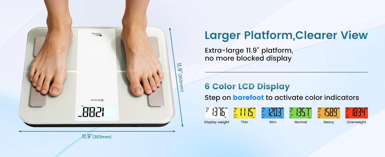 Larger 11.9&amp;#39;&amp;#39; platform, no more blocked display. 6 color LCD display, step on barefoot to unlock
