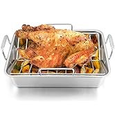 LIANYU 14 Inch Roasting Pan, Turkey Roaster with 2 Racks, Heavy Duty Stainless Steel Deep Broilin...