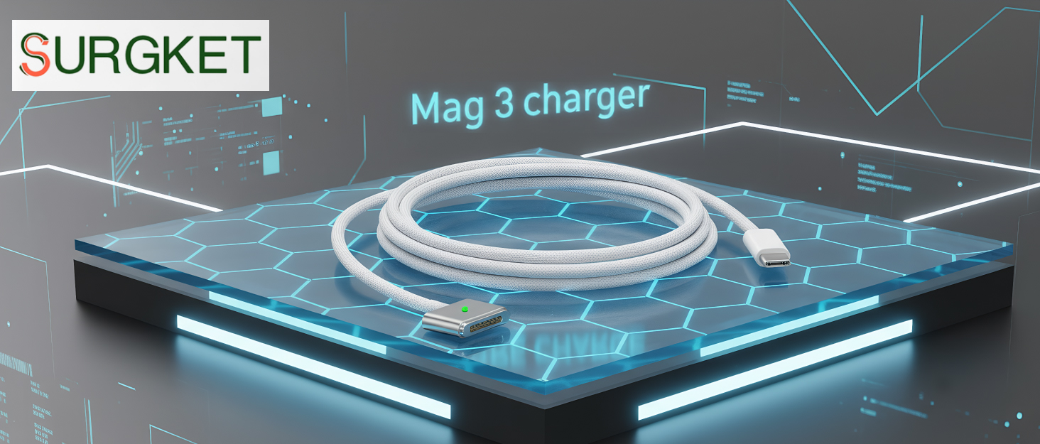 Text reads 'SURGKET', 'Mag 3 charger'. Product appears to be a wireless charging device with blue LED lighting effects and modern minimalist design.