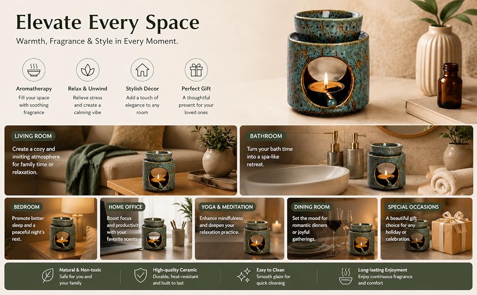 Text reads 'Elevate Every Space' with tagline 'Modern Living, Elevated Comfort'. Marketing composite showing dark green ceramic vessels with lid, home décor arrangement featuring woven baskets, plant, candles, and lifestyle product photography grid displaying various home accessories and storage solutions.