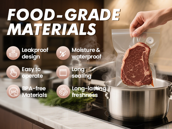 Hand holding vacuum sealed steak over boiling pot, showing BPA-free leakproof food-grade features.