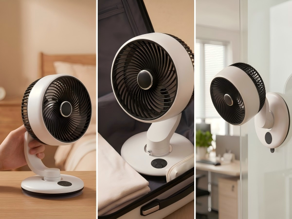 This portable wall mount fan support vacuum suction installation.