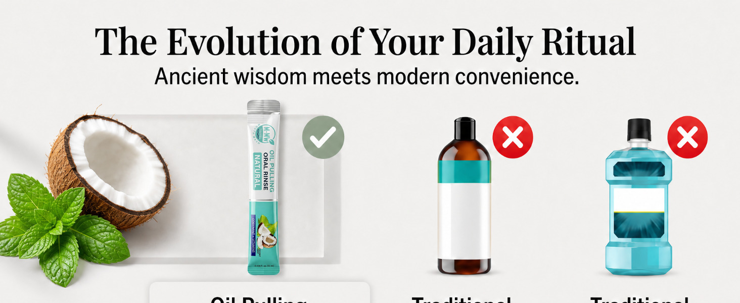 M-MW oil pulling mouthwash vs traditional bottles for convenient daily oral care.