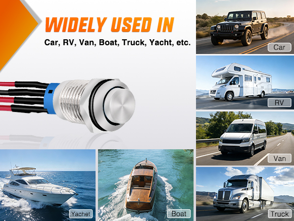 12mm Push Button Switch 5PCS with Pre Wired Harness 12V 24V Stainless Steel Self Locking