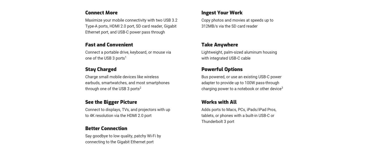 Type-A ports, HDMI 2.0 port, SD card reader, Gigabit Ethernet port, and USB-C power pass through