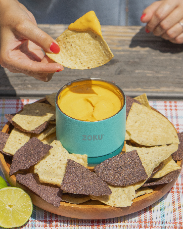 ZOKU Food Jar Teal 10oz with melted cheese for dipping corn chips