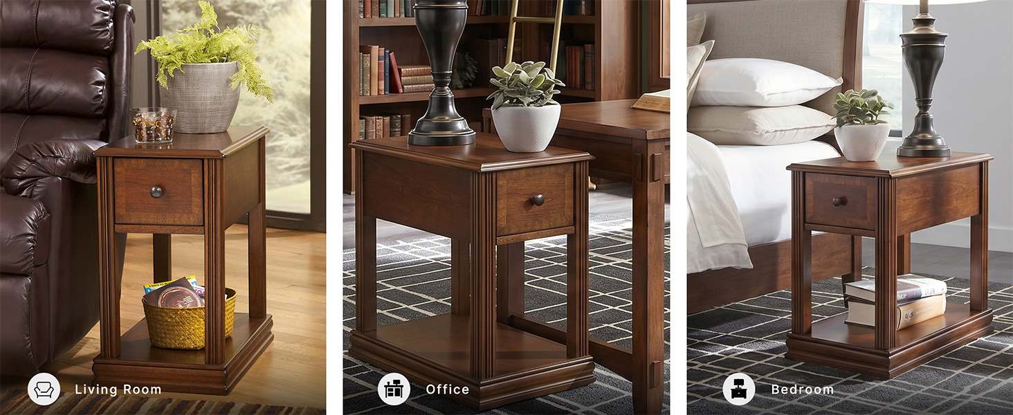 Classic contemporary side table with pewter-tone hardware adding elegant style to a cozy room