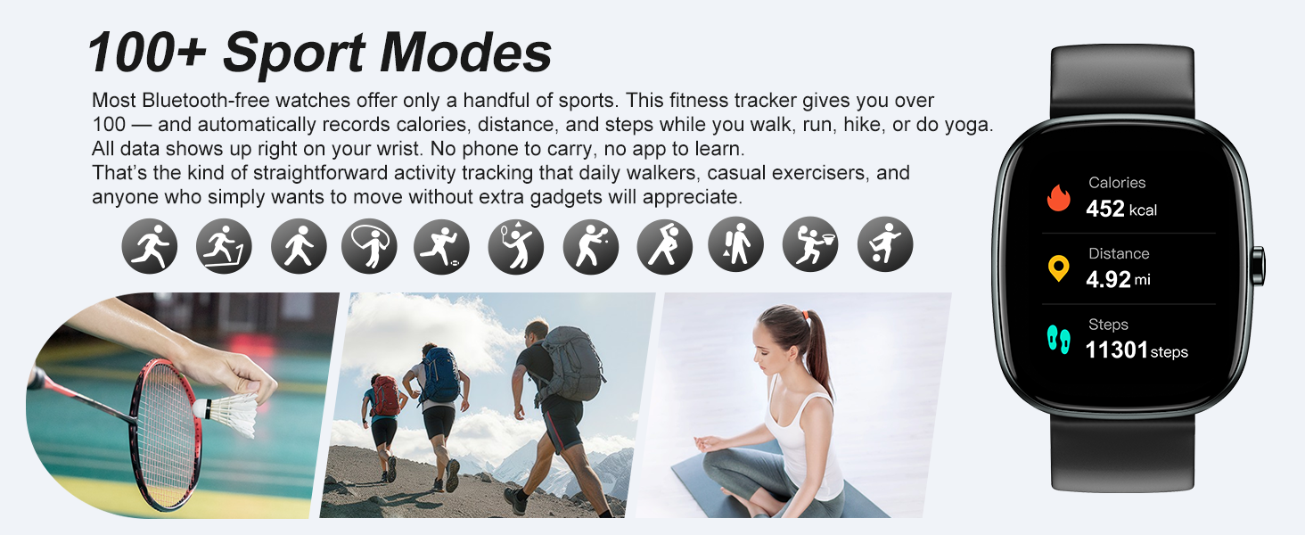 Fitness tracker with 100+ sport modes. Auto tracks calories, distance, steps. No phone needed.