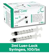 MediVena ONE-CARE 3ml Luer-Lock Syringes, Sterile, 100/bx Blister-Packed Syringes 3cc
