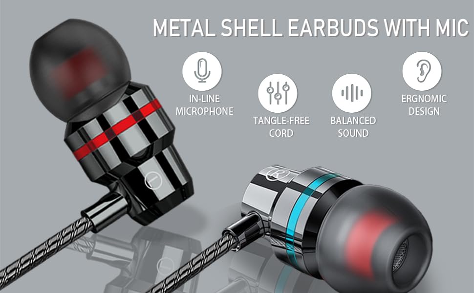 Metal shell earbuds with microphone. Features include in-line microphone, tangle-free cord, balanced sound, and ergonomic design. Shown in black with red and blue accents.