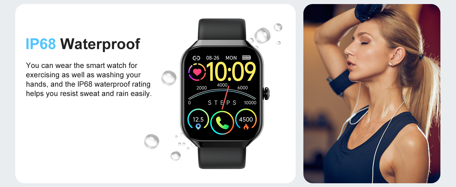 IP68 waterproof smartwatch with colorful display showing time, fitness stats, and call icon. Black band and square face. Text explains waterproof rating for swimming and handwashing.
