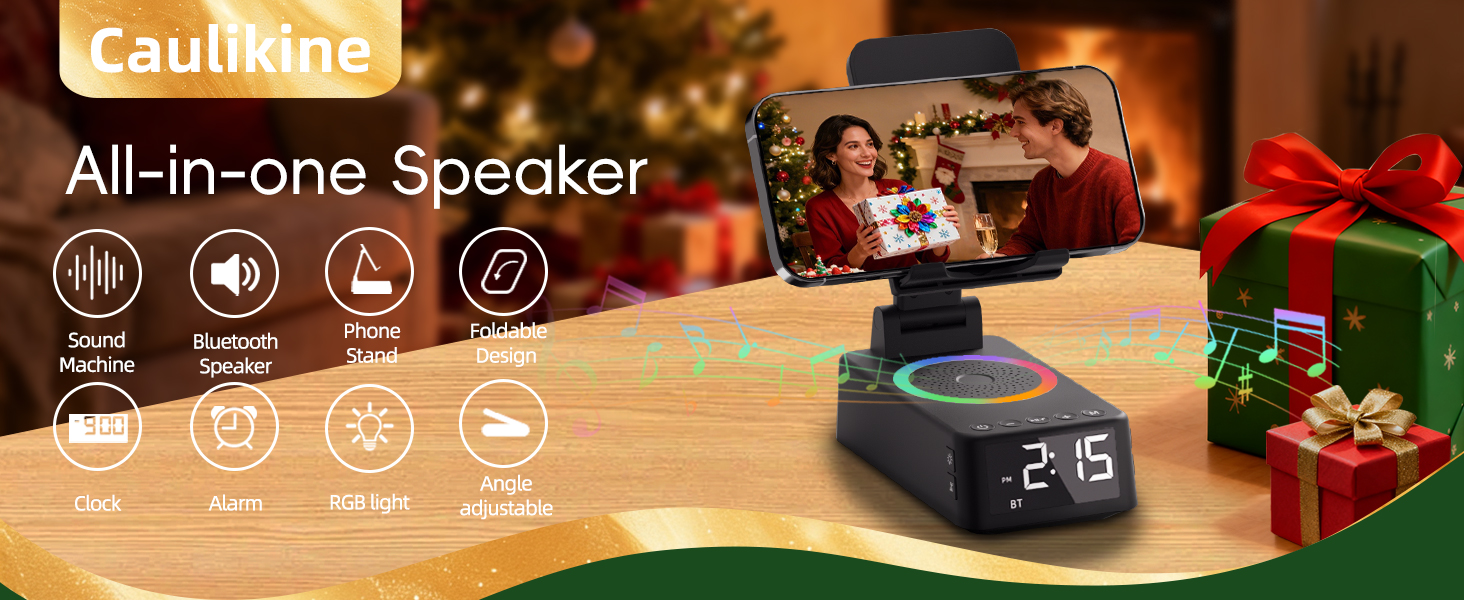 Text reads 'All-in-one Speaker'. Digital display showing speaker interface with various control icons in warm ambient lighting setting.