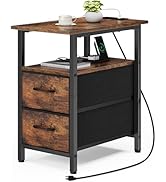 Vagusicc End Table with Charging Station, Narrow Side Table, 23.8'' Tall Nightstand with 2 Fabric...