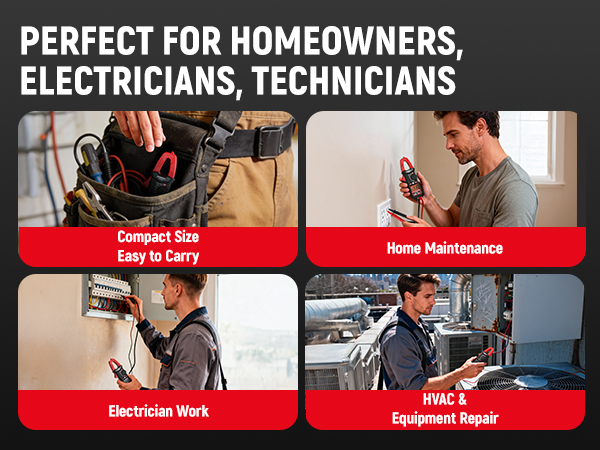 Text reads 'PERFECT FOR HOMEOWNERS ELECTRICIANS, TECHNICIANS'. Four-panel image showing various maintenance activities including electrical work and home repairs with red accent bars.