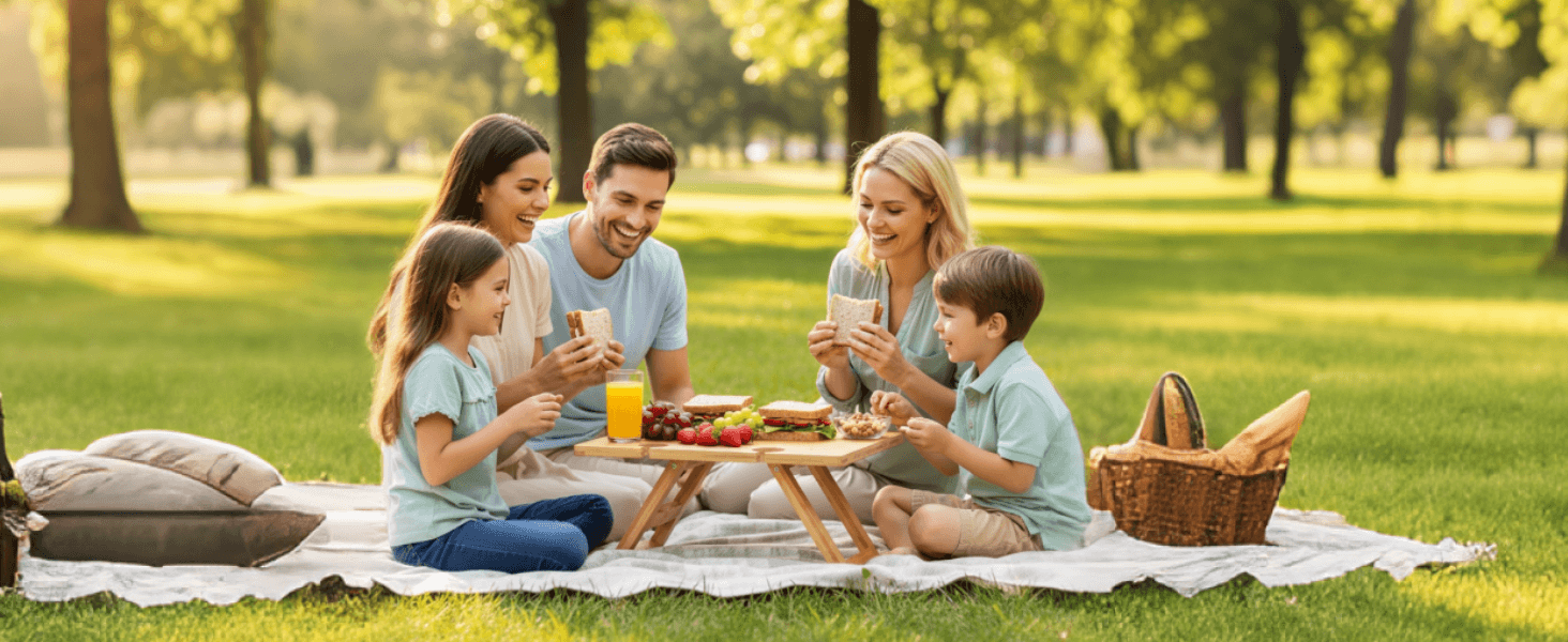 park picnic table, outdoor picnic for wine, grassy picnic setup, park wine gathering