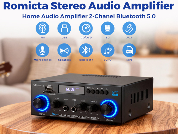 Text reads 'Romicta Stereo Audio Amplifier', 'Home Audio Amplifier 2-Channel Bluetooth 5.0'. Black audio amplifier unit with blue LED displays and multiple control knobs.