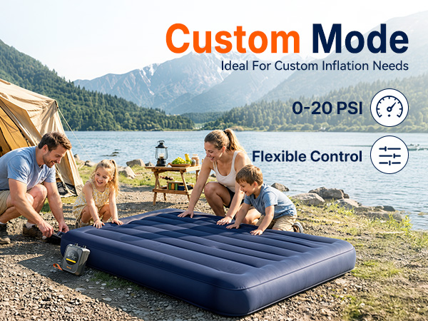 Text reads 'Custom Mode', 'Ideal for Custom Inflation Needs', '0-20 PSI', and 'Flexible Control'. Blue inflatable mattress product displayed outdoors with people beside it.
