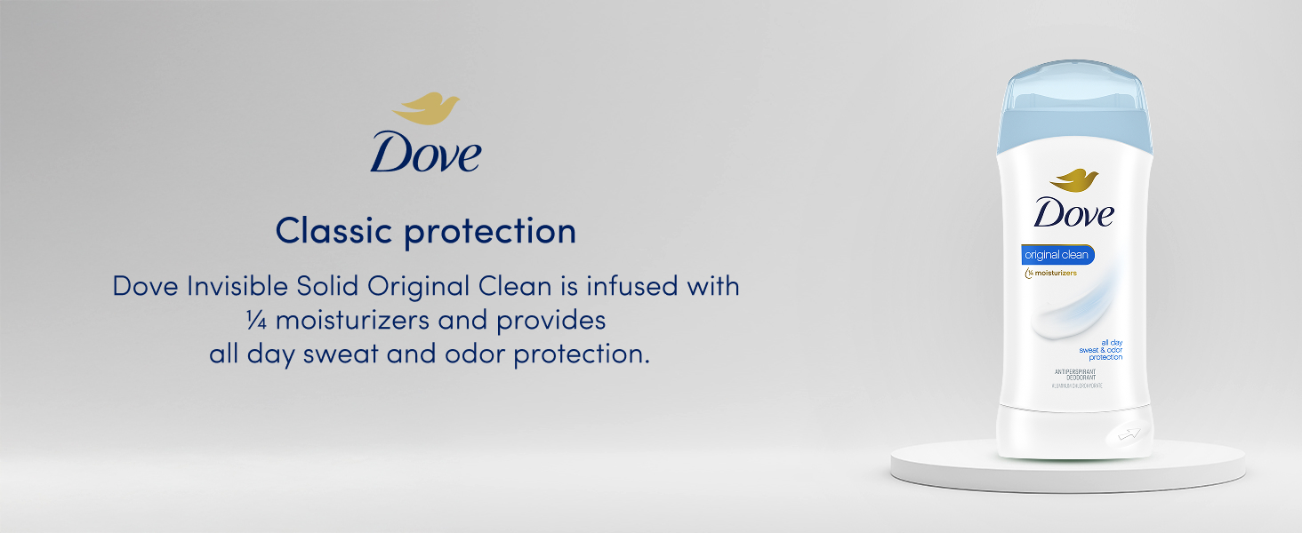 Dove Original Clean Antiperspirant Deodorant stick next to text about the classic protection.