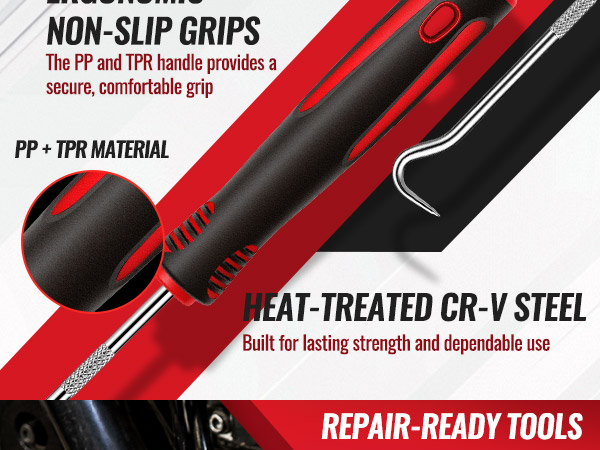 Mechanic pick set with PP and TPR grips and heat-treated chrome vanadium steel shafts.