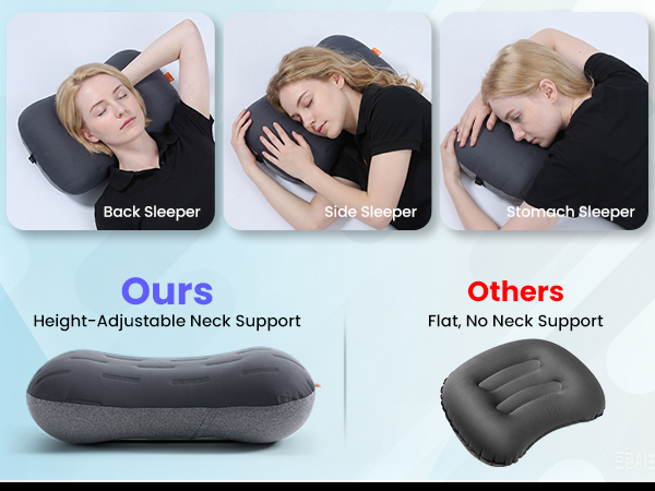 Comparison of a height-adjustable camping pillow versus a flat inflatable pillow