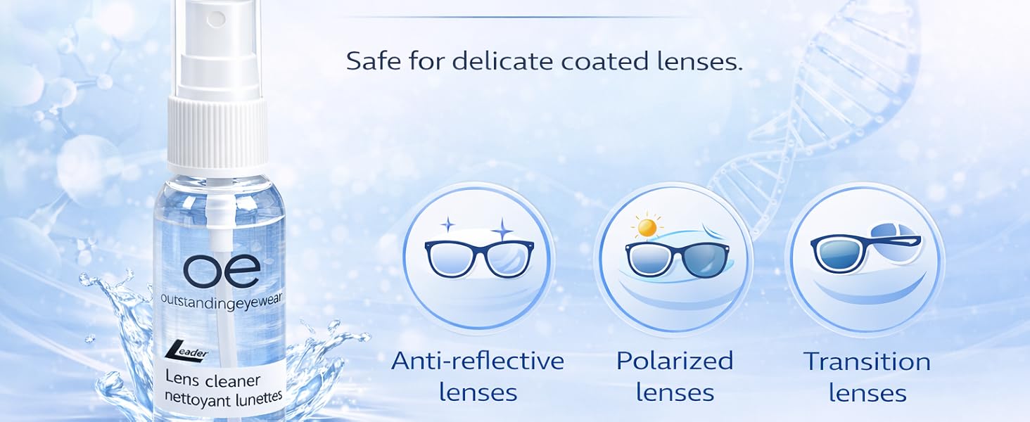 Outstanding Eyewear 2oz lens cleaner with eyeglasses and microfiber cloth for streak-free cleaning