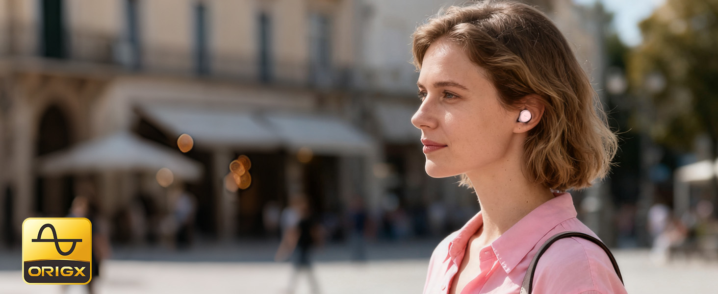Person wearing TOZO A1 earbuds in everyday outdoor setting with OrigX tuned sound