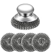 5Pcs Steel Wool Scrubber with Handle - Stainless Steel Scouring Pads Set for Cast Iron, Pans, Gri...