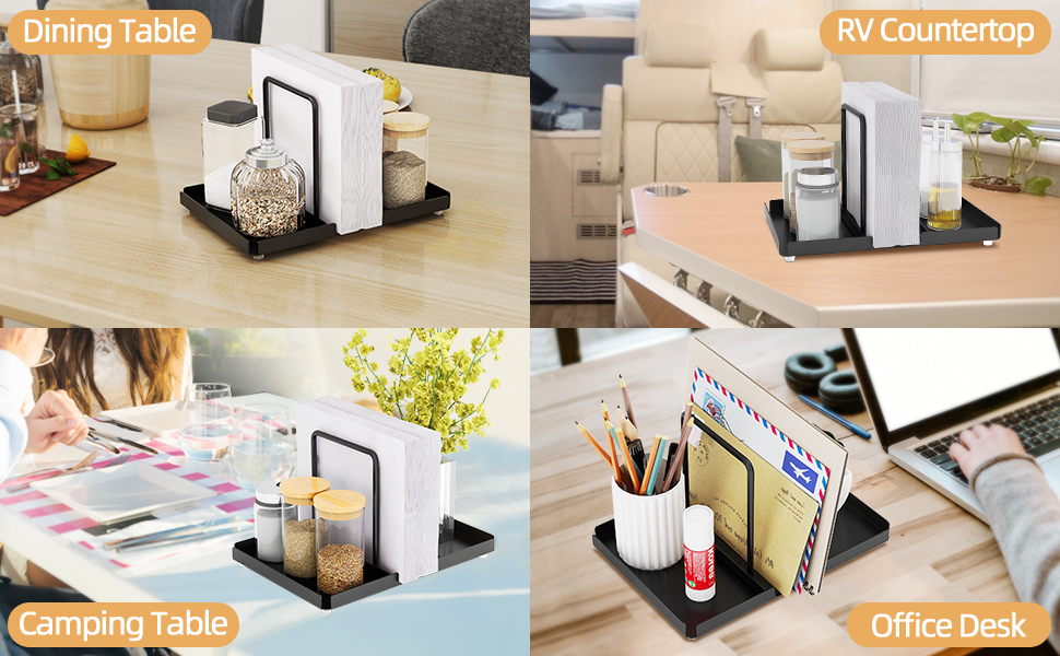 Four-panel image of a white condiment caddy with handle on various surfaces: dining table, RV countertop, camping table, and office desk.