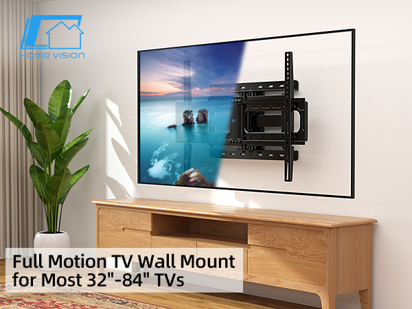 Full motion TV wall mount for 32-84 inch TVs, shown installed on wall with large flat screen displaying ocean scene. Wood media console below.