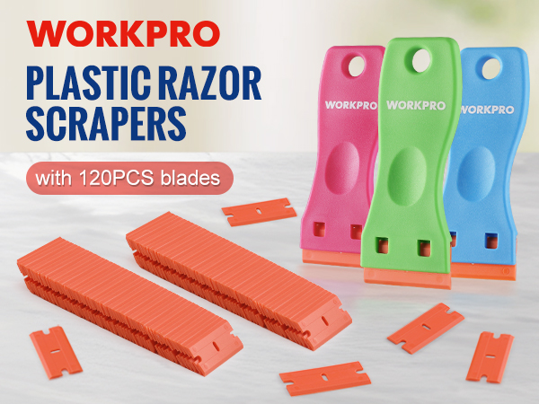 WORKPRO 3pc Plastic Razor Scrapers with 120pk Plastic Razor Blades