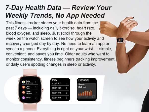 7-day health data fitness tracker: exercise, heart rate, SpO2, sleep. No app. For senior, beginners.